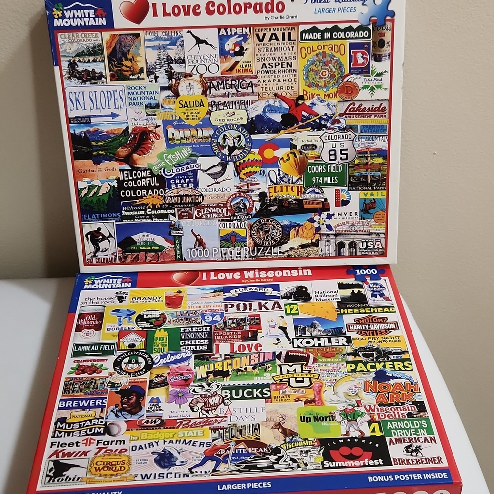 2/$20 WHITE MOUNTAIN PUZZLES 1000 pc I LOVE COLORADO & WISCONSIN Collage Girard